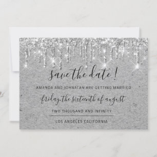 Save The Date  Grey Kraft Silver Drips Glitter
