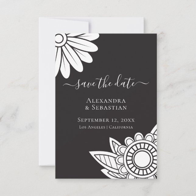 Save The Date Grey White Flower Typography Wedding (Front)