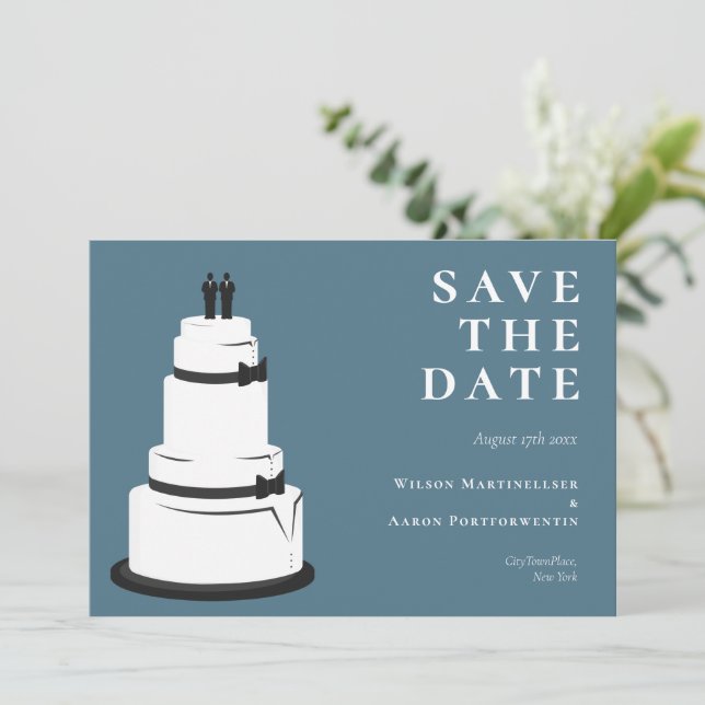 Save The Date Grooms Mariage Cake Blue LGBTQ Enregistrer La Date (Debout devant)