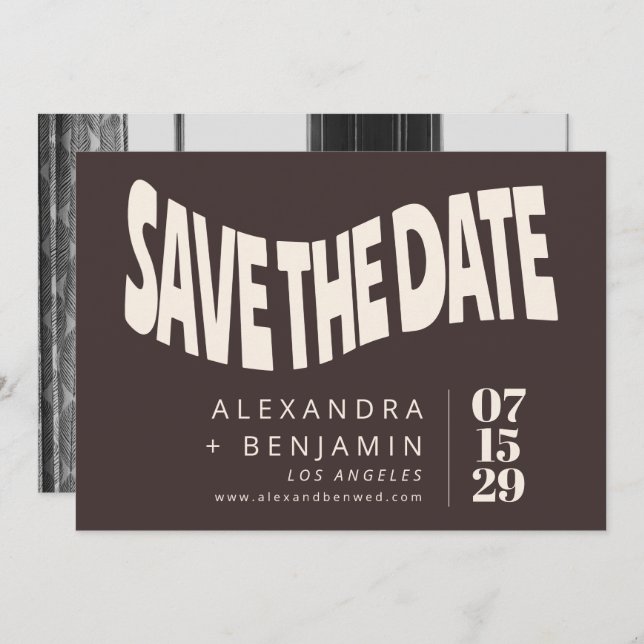 Save The Date Groovy Retro Mod Brown Unique Wedding Photo (Devant / Derrière)