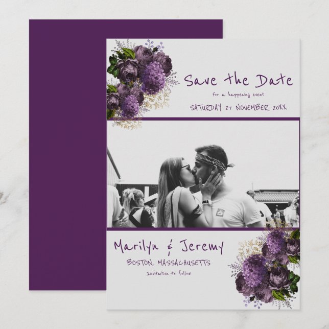 Save The Date Grunge Photo Plat Floral Violet Enregistrer La Car (Devant / Derrière)