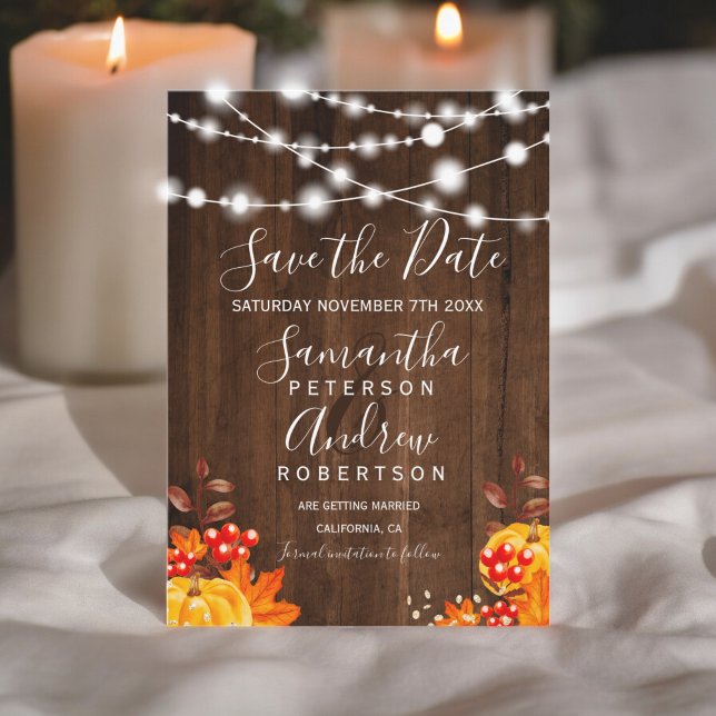 Save The Date Guirlande lumineuse citrouille en bois rustique po (Rustic wood pumpkin string lights save the date)