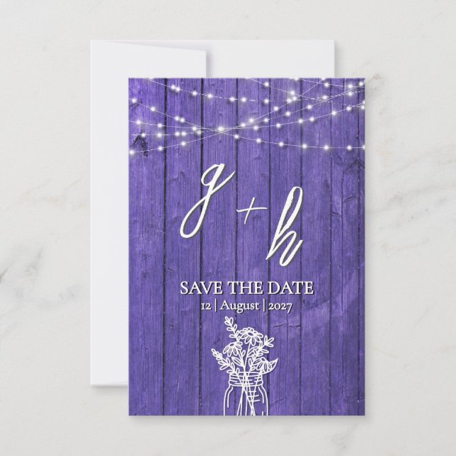 Save The Date Guirlande Lumineuse en Bois Rustique Violet Bohème (Devant)