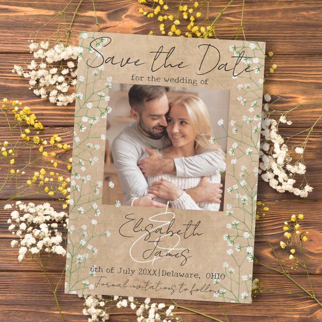 Save The Date Gypsophila aquarelle Floral Rustique & Boho Mariag (Créateur téléchargé)