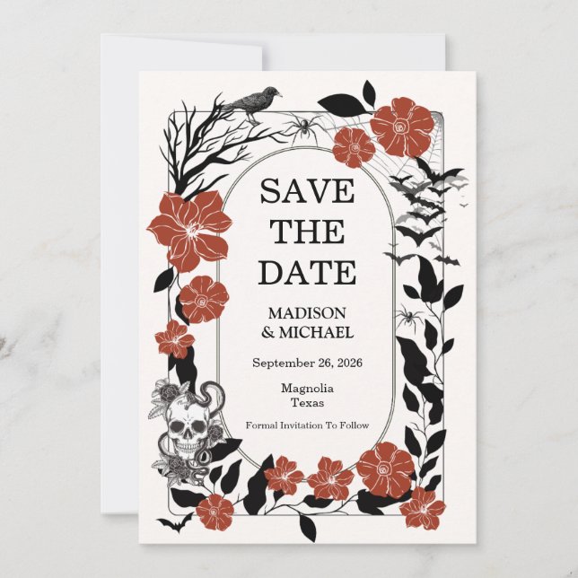 Save The Date Halloween gothique Mariage Noir Et Bourgogne (Devant)