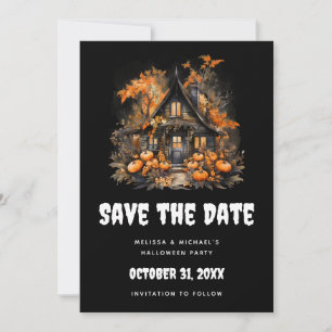 Save The Date Halloween Maison hantée avec Citrouilles & Foliage