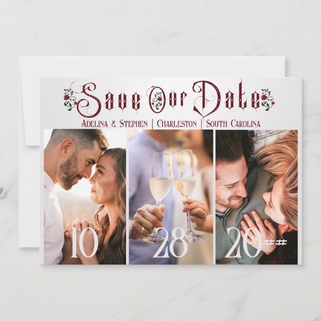 Save The Date Halloween Roses de script gothique Trois Mariage p (Devant)