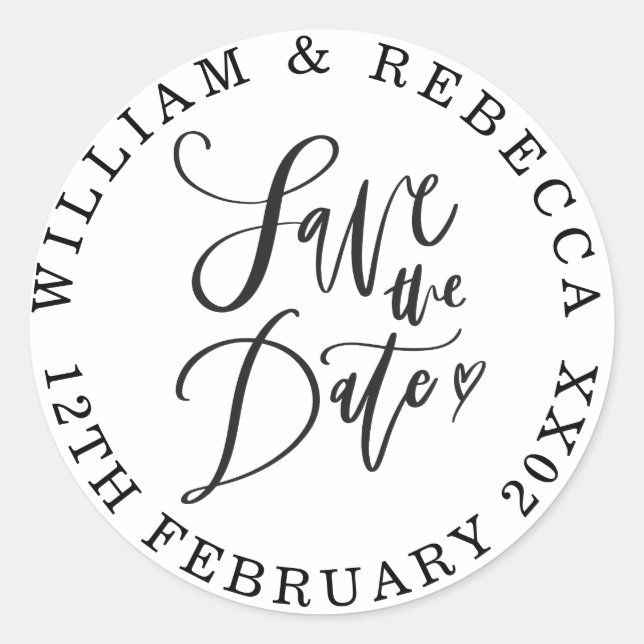 Save the Date Hand Script Heart Circular Classic Round Sticker (Front)