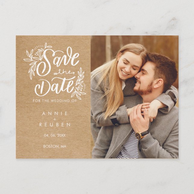 Save the Date Hand Script Photo Rustic Kraft Announcement Postcard (Front)