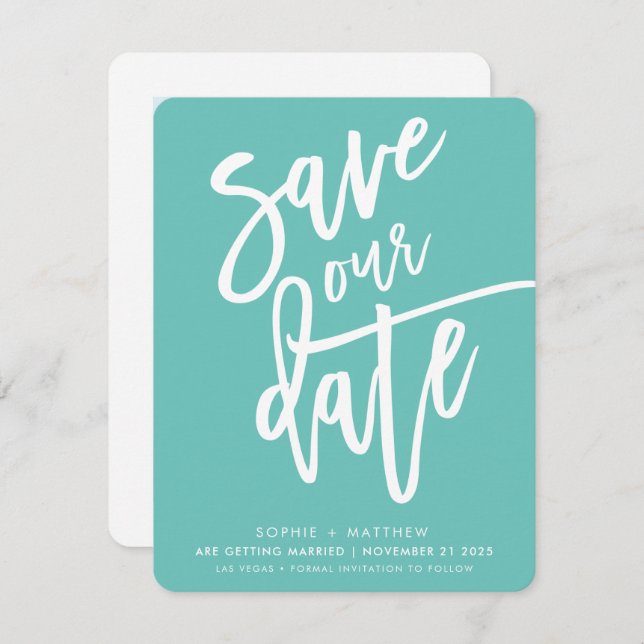 SAVE THE DATE handlettered mint fuschia white Invitation (Front/Back)