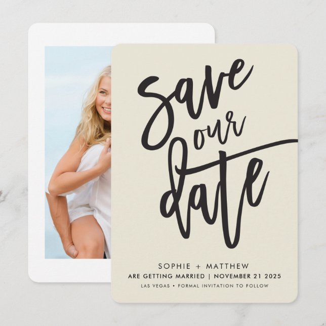 SAVE THE DATE handlettered script black ivory Invitation (Front/Back)