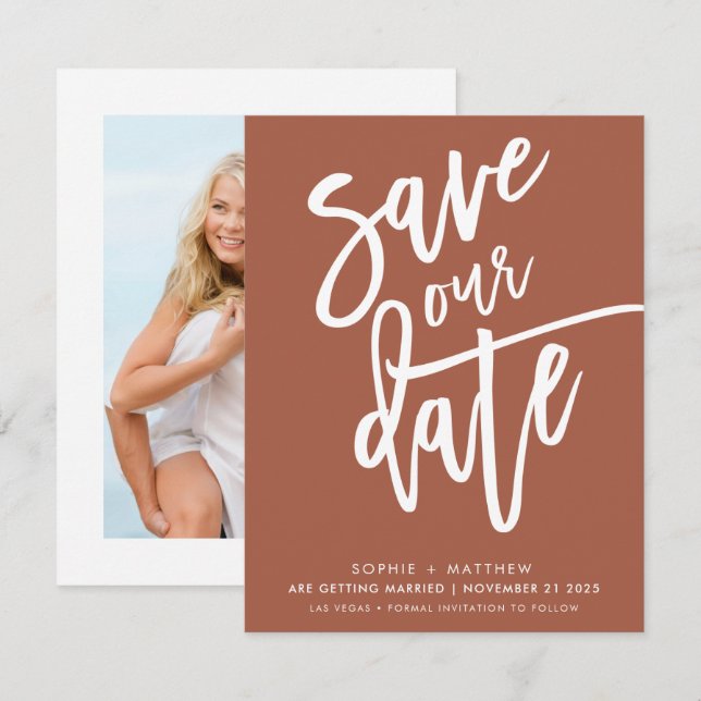SAVE THE DATE handlettered script clay white ink Invitation (Front/Back)
