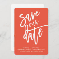SAVE THE DATE handlettered script orange white ink