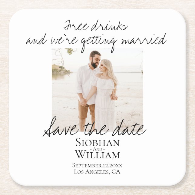 Save The Date Handwritten Personalized Photo Square Paper Coaster (Front)