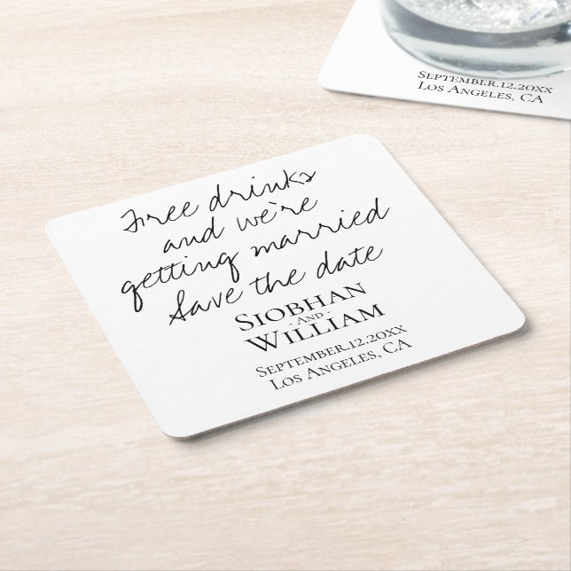 Save The Date Handwritten Personalized Square Paper Coaster (Angled)