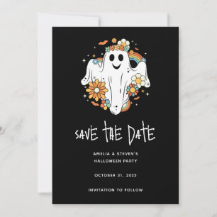 Save The Date Happy Ghost Retro Hippie Vibe Halloween