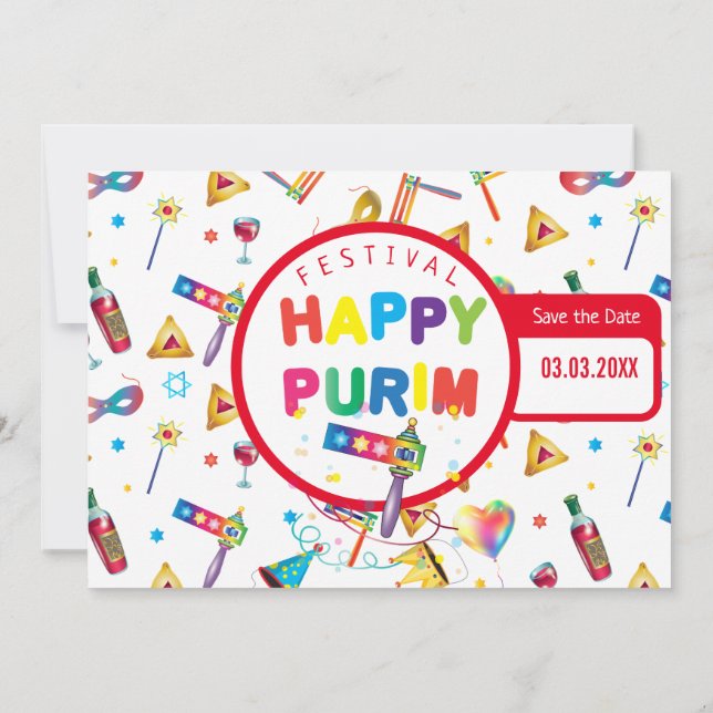 Save The Date Happy Purim Festival Funny Toys Motif Kids Party (Dos)