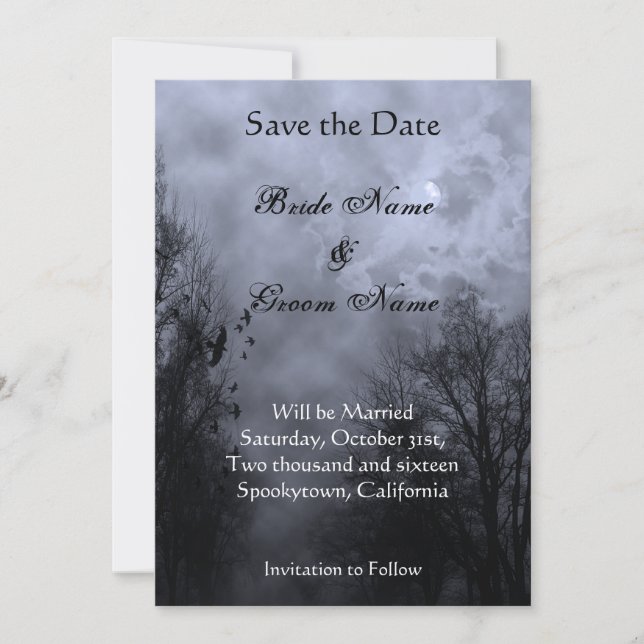Save the Date Haunted Blue Misty Sky and Ravens Announcement (Front)
