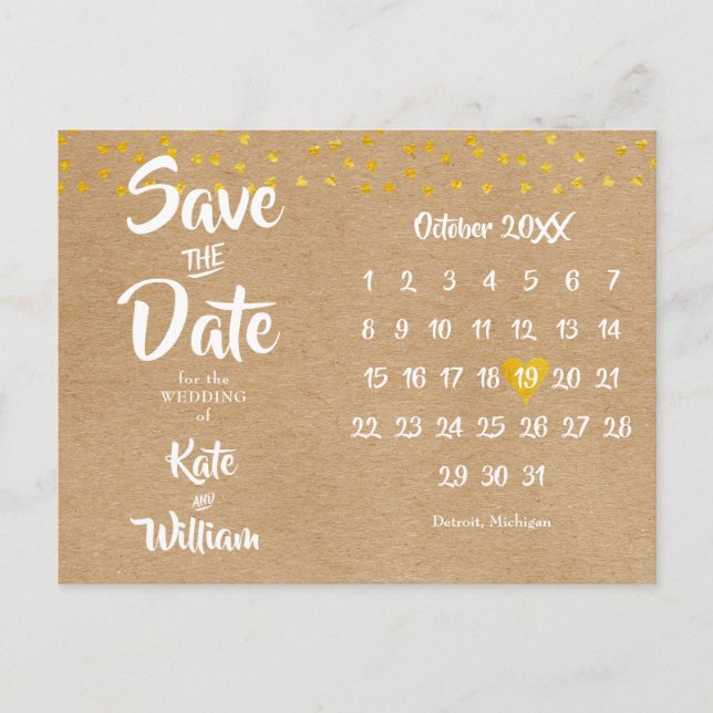 Save the Date Heart Calendar Rustic Boho Announcement Postcard (Front)