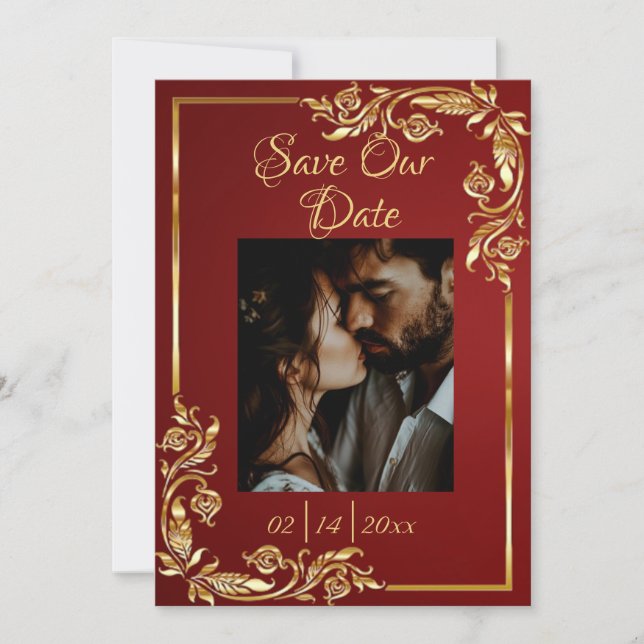 Save The Date Heart, Photo & Gold Frame on Ruby Red (Devant)