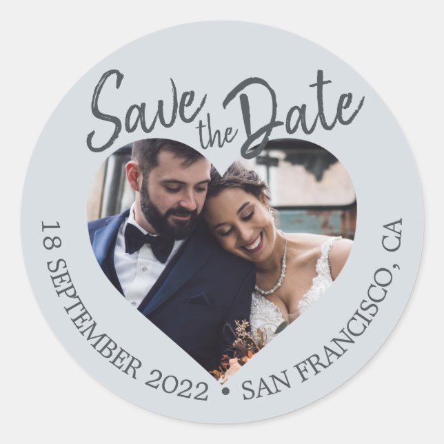 Save the Date Heart Photo Pastel Blue Classic Round Sticker (Front)