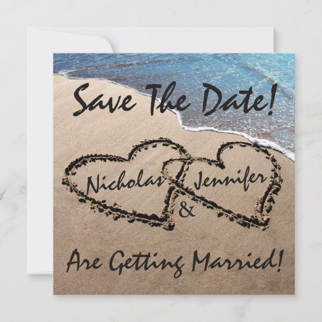 Save The Date Hearts Sand Beach Wedding Invitation (Front)