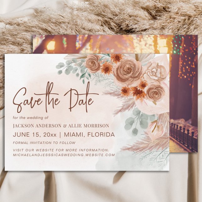 Save The Date Herbe des Pampas Rustique Mariage en Terre Cuite (Pampas grass wedding Save the Date photo card)