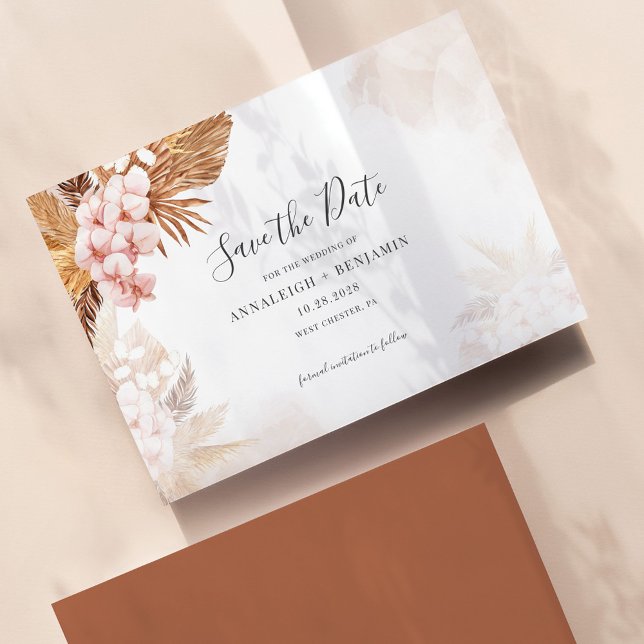 Save The Date Herbe des Pampas Terracotta Script Botanique (Pampas Grass Terracotta Save the Date Announcement)