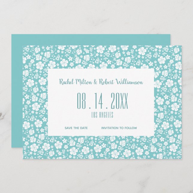 Save The Date Hibiscus Tropical Turquoise Mariage (Devant / Derrière)