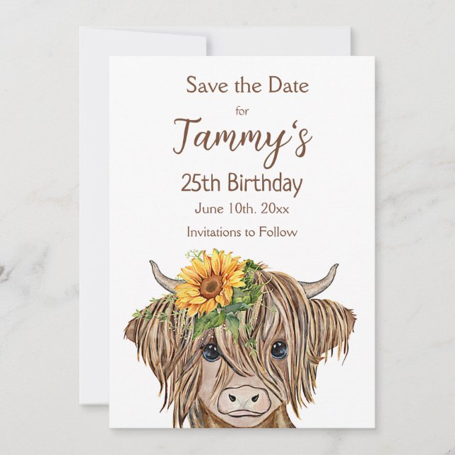 Save The Date Highland Cow Invitation, fête d'anniversaire de la (Devant)