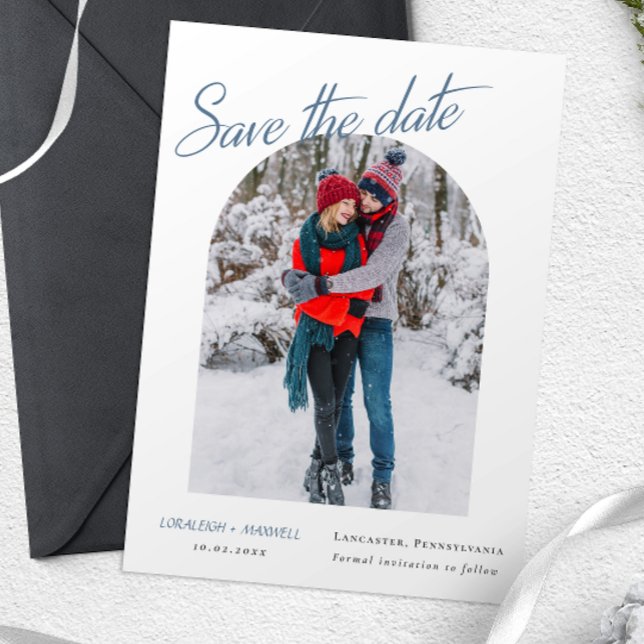 Save The Date Hiver Elégante Photo Dusty Blue Calligraphy (Créateur téléchargé)