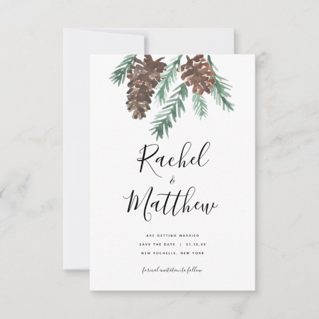 Save The Date Hiver Pinecone Aquarelle Non Photo Enregistrer La  (Devant)