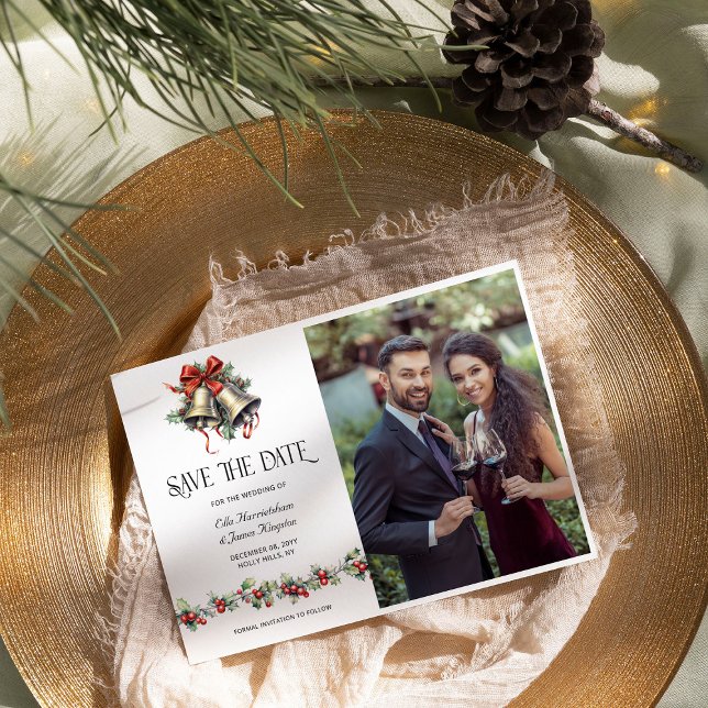 Save The Date Holly Bells Photo de mariage hivernal (Save the Date with Photo from the Holly Bells Wedding Collection by Darling & May)