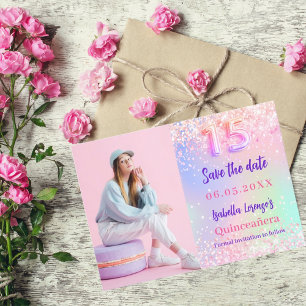 Save The Date Holographique rose violet photo Quinceanera