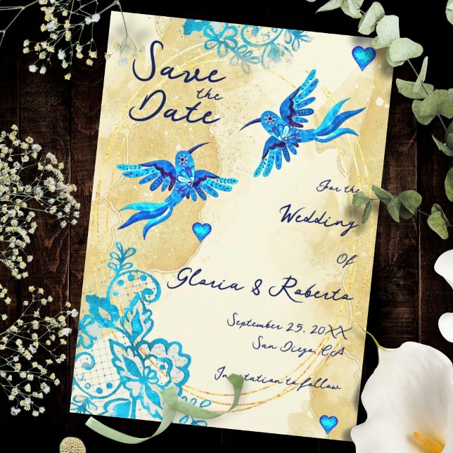 Save The Date Hummingbird Baroque Gold Elegance Mexican Wedding (Mexican artistry shines in turquoise lace, gold textures, and luminous blue heart details.)