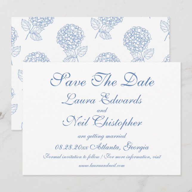 Save The Date Hydrangea Dusty Blue Floral Mariage moderne (Devant / Derrière)