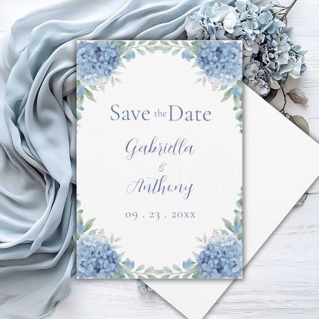 Save The Date Hydrangeas Bleus Écriture Florale Aquarelle (Créateur téléchargé)