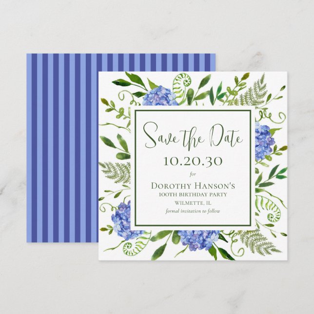 Save The Date Hydrangeas bleus pour les 100 ans (Devant / Derrière)