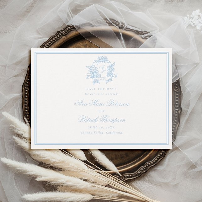 Save The Date Hydrangeas Formelles Crête Cadre Mariage Classique (formal wedding save the date modern classic traditional frame hydrangea crest blue periwinkle )