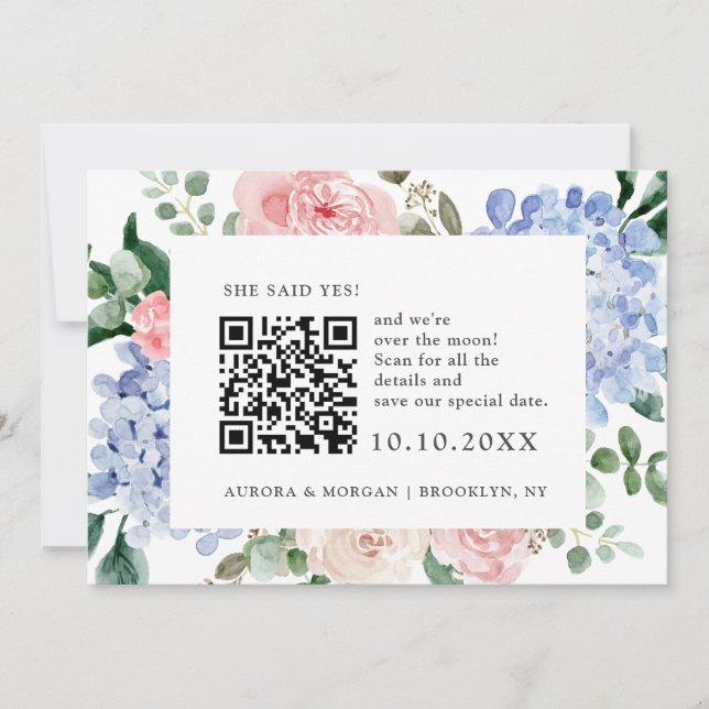 Save The Date Hydrangées bleu outrepassé rose pastel Photo Code  (Devant)