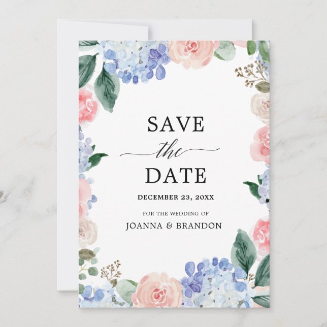 Save The Date Hydrangées bleu pâle rose pastel mariage (Devant)