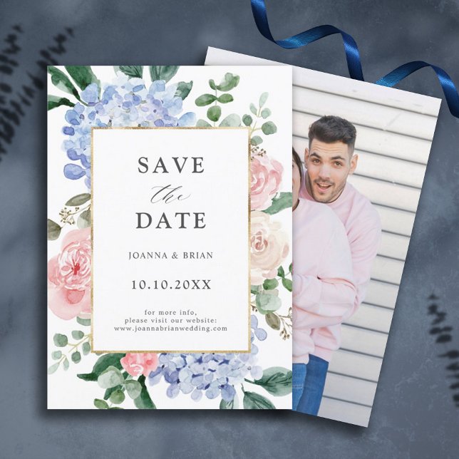Save The Date Hydrangées bleues poussiéreuses roses pastel (dusty blue pink hydrangea floral photo save the date)