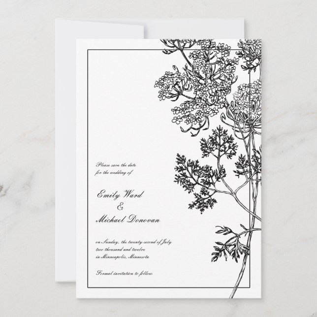 Save The Date Illustration botanique en noir blanc Enregistrer l (Devant)
