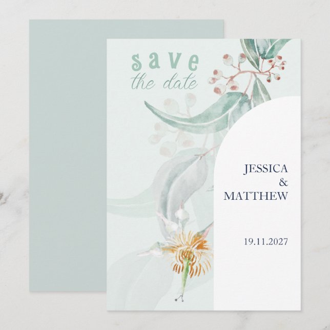 Save The Date Illustration de l'aquarelle d'Eucalyptus de Bohême (Devant / Derrière)