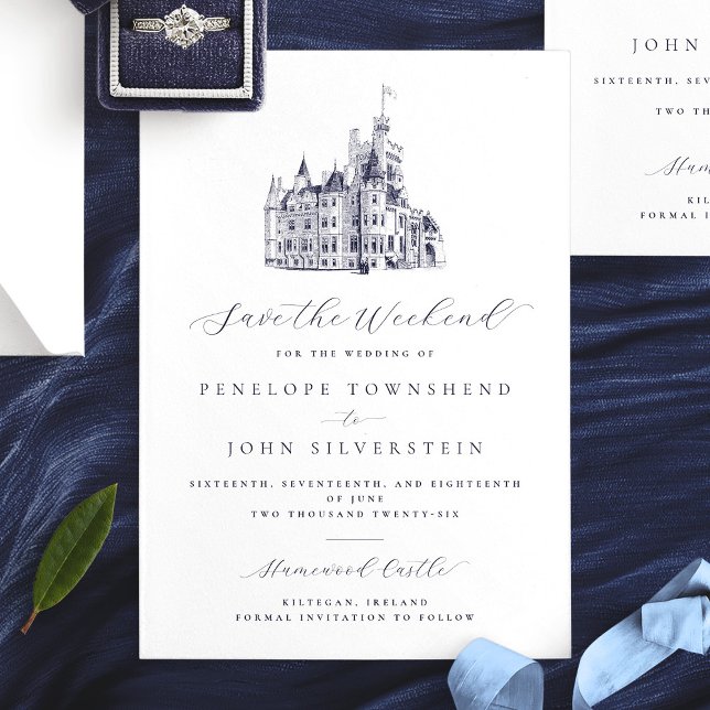 Save The Date Illustration élégante d'un château pour un mariage (Elegant Castle Illustration Weekend Wedding Save The Date Mock)