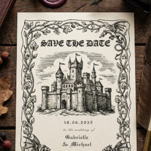 Save The Date Illustration en noir et blanc d'un château médiéva