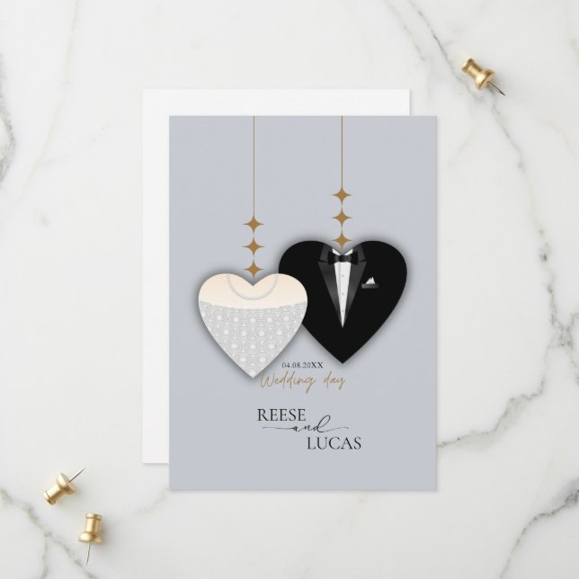Save The Date Illustration noire blanche moderne coeur mariage (Devant/Arrière en situation)