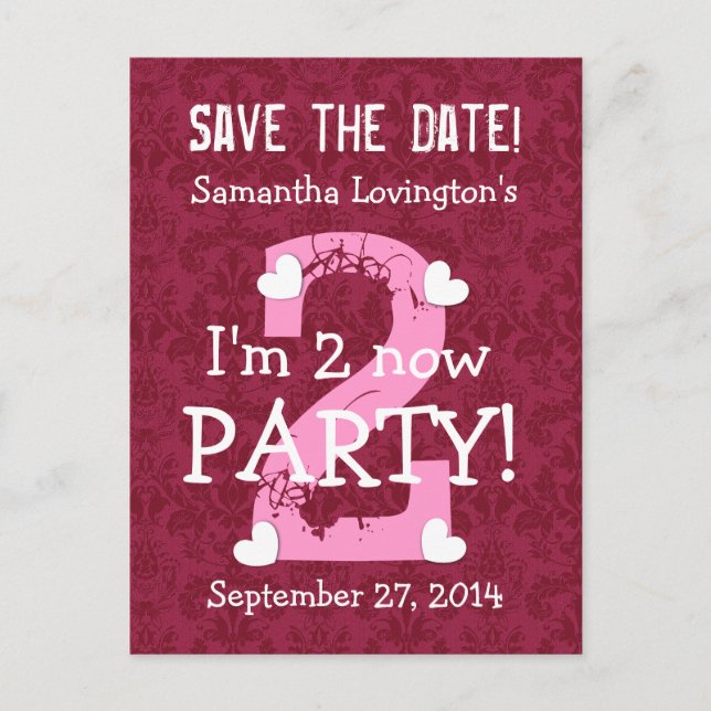 Save the Date I'm Two Birthday Party V09A WINE RED Announcement Postcard (Front)
