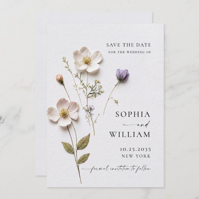 Save The Date Impression élégante Fleurs boho pastel pressées Ma (Devant / Derrière)