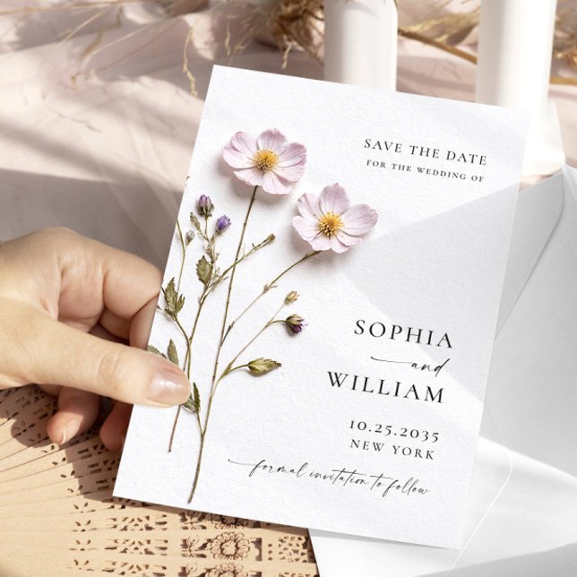 Save The Date Impression élégante Fleurs boho pastel pressées Ma (Créateur téléchargé)